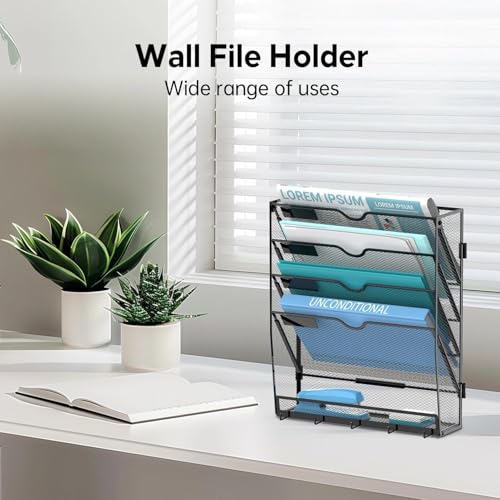 2 Pack 5 Tier Wall File Organizer - Hanging File Organizer with 5 Hooks, Mail Holder Wall Mounted for Papers, Folders, Magazines, Bills, Office&School Organization, Black - size: 5 Tier-Black-2Pack