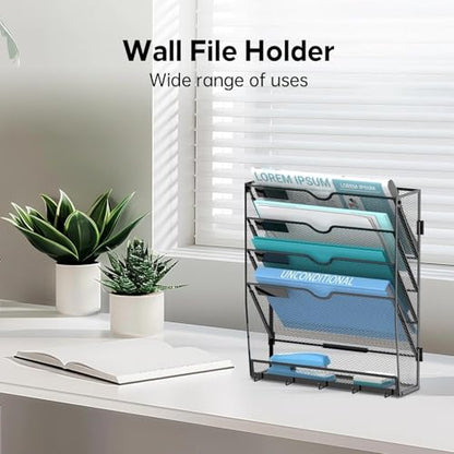 2 Pack 5 Tier Wall File Organizer - Hanging File Organizer with 5 Hooks, Mail Holder Wall Mounted for Papers, Folders, Magazines, Bills, Office&School Organization, Black - size: 5 Tier-Black-2Pack