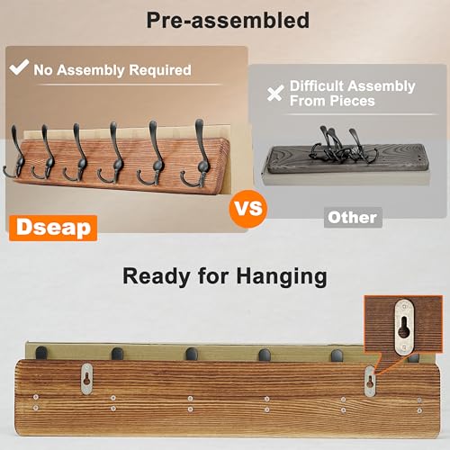 Dseap Coat Rack Wall Mounted - 24" Long 6 Tri Hooks, Heavy Duty Wooden Wall Coat Hanger Coat Hook for Clothes Hat Jacket Clothing, Weathered Light Natural and Black, Pack of 2 - color: Light Brown & Black, size: L=24"