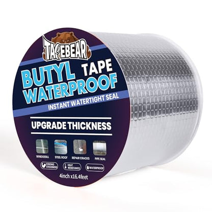 TAPEBEAR Extra Thicker Butyl Tape Waterproof 4inch x16feet, 51mil Aluminum Butyl Sealant Tape, Duct Sealing Adhesive for RV Roof Repair, Boat and Pipe Sealing, Metal, Glass & EDPM Roof Leak Patching - size: 4inch x 16feet