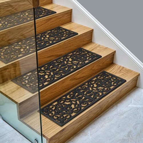 Ottomanson Outdoor Rubber Stair Treads – Scroll Classic Heavy-Duty Non-Slip Stair Mats – Best Grip on Concrete, Brick & Textured Step – Fastening Recommended for Wooden & RV Steps, Pack of 5 - color: Black Scroll Classic