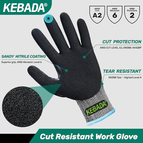 Kebada Impact Protection Gloves, ANSI A2 Cut Resistant Work Gloves with Grip, Touchscreen, Sandy Nitrile Coated - color: Black (3 Pair), size: XXXS
