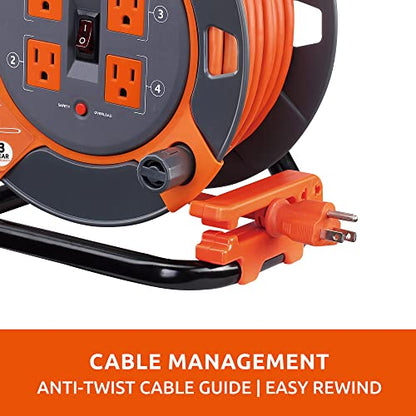 Link2Home Cord Reel 60 ft. Extension Cord 4 Power Outlets – 14 AWG SJTW Cable. Heavy Duty High Visibility Power Cord. - size: 60 Feet