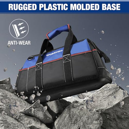 WORKPRO 16-inch Wide Mouth Tool Bag, Heavy Duty Cloth Tool Storage Bag with Water Proof Molded Base, Adjustable Shoulder Strap - color: Blue &Red