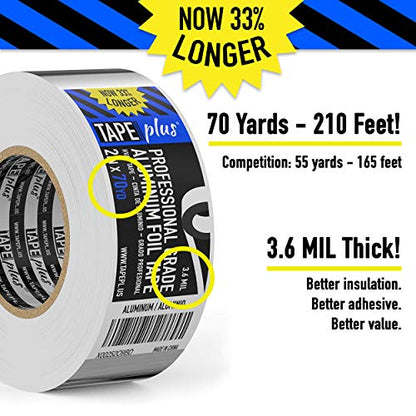 TapePlus Aluminum Foil Tape - Waterproof Insulation for HVAC Ducts - Heat Resistant Tape for Metal Repair - Duct Seal for Indoor & Outdoor Use - Pack of 2, 2 in x 210 ft, Silver - size: 2 Pack