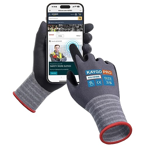 KAYGO Safety Work Gloves MicroFoam Nitrile Coated, 3 Pairs KG18NB,Seamless Knit Nylon Glove with full fingers Touchscreen, Ideal for Automotive,Warehouse,Construction (Small,Gray) - color: Gray (Touch Screen), size: Small