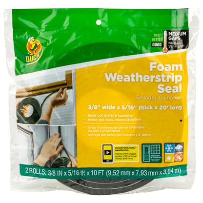 Duck Brand Self Adhesive Foam Weatherstrip Seal for Extra Large Gaps, 20 Total Feet, Window and Door Seal Strip Foam Tape, 3/8-Inch Wide x 5/16-Inch Thick x 10-Feet Long, 2 Rolls, Charcoal (285645)