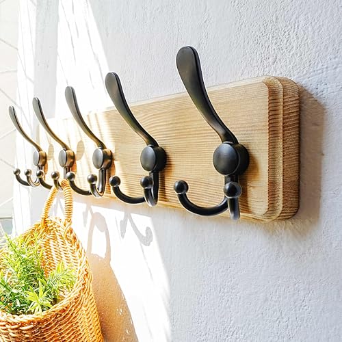 Dseap Coat Rack Wall Mount - Heavy-Duty Robust Rustic Wooden Wall Coat Hanger Hook Rail with 5 Triple Hooks for Winter Coats Hat Jacket Clothing, Light Brown & Black, Pack of 2 - color: Light Brown & Black, size: L=17.4"