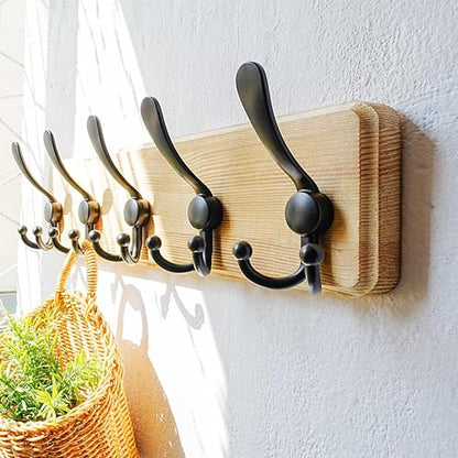 Dseap Coat Rack Wall Mount - Heavy-Duty Robust Rustic Wooden Wall Coat Hanger Hook Rail with 5 Triple Hooks for Winter Coats Hat Jacket Clothing, Light Brown & Black, Pack of 2 - color: Light Brown & Black, size: L=17.4"