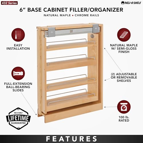 Rev-A-Shelf Pullout Shelf Organizer for Base Kitchen or Bathroom Cabinets, Wood Filler Pantry Storage or Spice Rack, Maple, 6" x 23" x 30", 432-BF-6C - size: 6" W