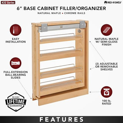Rev-A-Shelf Pullout Shelf Organizer for Base Kitchen or Bathroom Cabinets, Wood Filler Pantry Storage or Spice Rack, Maple, 6" x 23" x 30", 432-BF-6C - size: 6" W