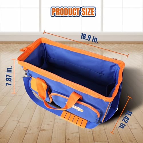 WADFOW 19-inch Tool Bag, Waterproof Wide Mouth Storage Bag with Adjustable Shoulder Straps for Professional and Daily Use,Blue and Orange