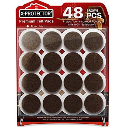 Felt Furniture Pads X-PROTECTOR - 48 Premium Floor Protector Chair Felts for Feet Wood Floors Best Hardwood Protect Your Hard Floors! (Brown) - size: 48 PCS 1" Brown, Round