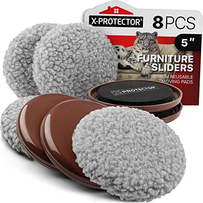 Furniture Sliders X-PROTECTOR - 4+4 Pack 5” - Multi-Surface Furniture Sliders for Carpet & Hard Floors - 4 Furniture Movers for Carpeted Floors and 4 Hardwood Socks - Move Your Furniture Easily! - size: 4+4 Pack 5 in (Grey)