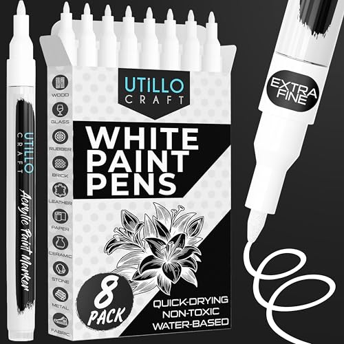 Utillo Craft White Paint Pen (8-Pack) Extra Fine White Paint Markers for Metal, Fabric, Wood, Glass, Paper, Plastic, Rock, Leather | Bold Color Permanent White Acrylic Paint Pen 0.7mm | Artist DIY - color: White, style: Extra Fine 8PK