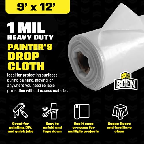 BOEN 9x12 Clear Plastic Drop Cloth – 1 Mil Heavy-Duty Painters Plastic Sheeting Roll – Waterproof, Tear-Resistant Paint Tarp for Furniture, Floors, Windows, Dust Protection – Multipurpose & Disposable - size: 1 Mil - Single