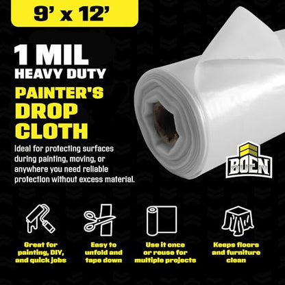 BOEN 9x12 Clear Plastic Drop Cloth – 24-Pack 1 Mil Painters Plastic Sheeting Roll – Waterproof Disposable Tarp for Painting, Furniture, Dust Protection & Window Insulation – Contractor-Grade Bulk Case - size: 1 Mil - 24-Case