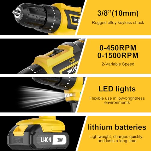 Cordless Drill Set 70PCS, Power Drill Cordless with Battery and Charger, 3/8" Keyless Chuck Electric Drill Tool Kit for Home Repair and DIY Projects, 2 Batteries