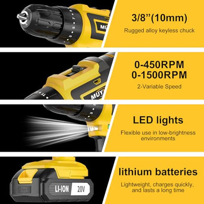 Cordless Drill Set 70PCS, Power Drill Cordless with Battery and Charger, 3/8" Keyless Chuck Electric Drill Tool Kit for Home Repair and DIY Projects, 2 Batteries
