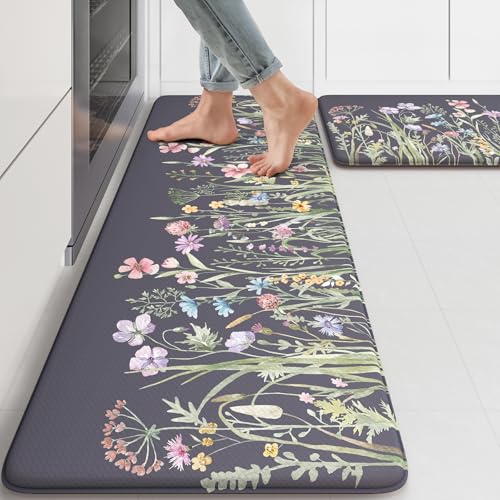 KIMODE Anti Fatigue Kitchen Mat, Farmhouse Floral Kitchen Rugs, Kitchen Floor Mats Non-Slip,Comfort Kitchen Mats for Floor Sink, Laundry, Office, Desk Dark Grey/Purple 17"x47"+17"x29" - color: Floral/Dark Grey/Purple, size: 17.3" x 47"+17.3" x 29"--0.47 i