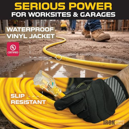 Iron Forge Cable 10 Foot Lighted Outdoor Extension Cord - 12/3 SJTW Heavy Duty Yellow Extension Cable with 3 Prong 15 AMP Grounded Plug for Safety - size: 10FT