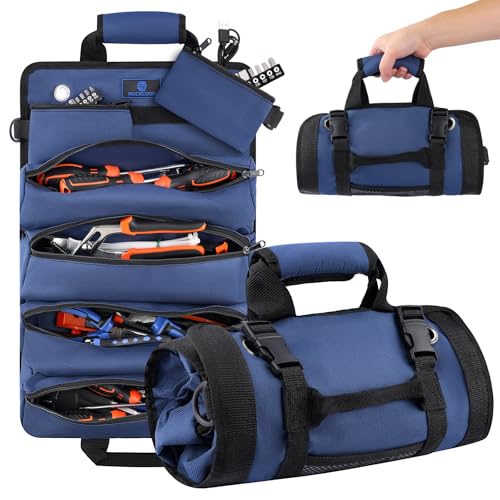 Tool Roll Bag, Heavy Duty Tool Organizer Roll Up, Portable Tool Storage Bag Easily Hanging on the Wall and Car for Professional Mechanics, Electricians, Carpenters, and Hobbyists, Blue