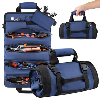 Tool Roll Bag, Heavy Duty Tool Organizer Roll Up, Portable Tool Storage Bag Easily Hanging on the Wall and Car for Professional Mechanics, Electricians, Carpenters, and Hobbyists, Blue