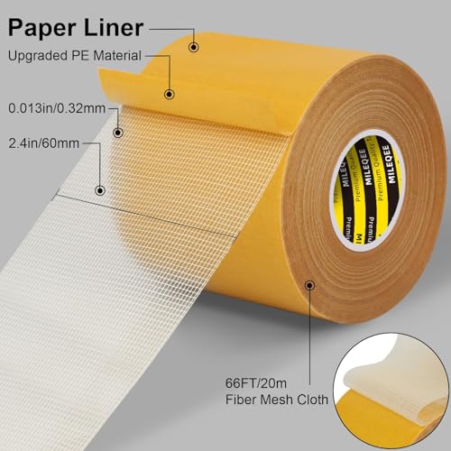 2Pack Double-Sided Mesh Carpet Tape Heavy Duty, 2.4in x 66FT (132FT Total), Large Durable Duct Cloth Tape, High Stickiness Strong 2 Sided Tape for Rugs, Removable Multipurpose Tape, Easy Tear - size: 2 Pack, Each 2.4" x 66FT