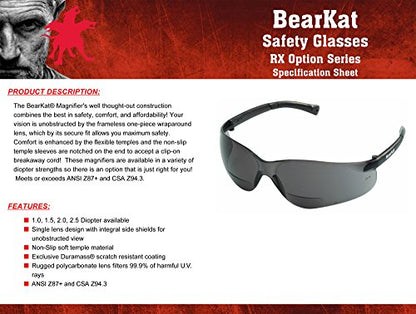 MCR Safety Crews BKH15G BearKat Magnifier Polycarbonate 1.5 Diopter Gray Lens Safety Glasses with Non-Slip Hybrid Black Temple Sleeve - color: Gray Lens, size: 1.5 Diopter