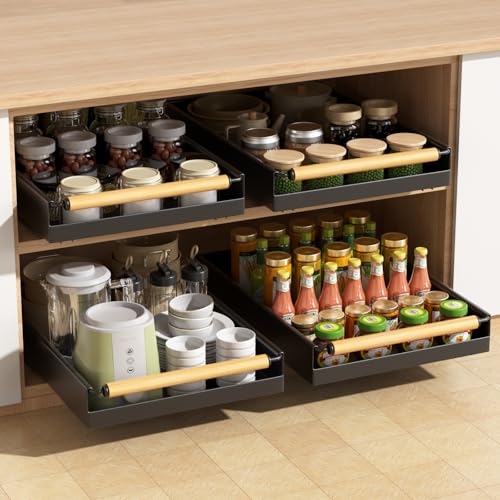 2 Pack Pull out Cabinet Organizer, 16" Deep Pull Out Drawer for Kitchen Cabinets Adhesive with Nano Film, Slide out Cabinet Organizer Shelf for Pantry Bathroom Organization Black - color: Black, size: Two Pack