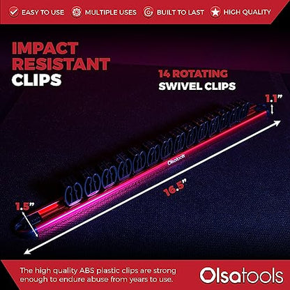 Olsa Tools Wall-Mounted Wrench Rack - Red Anodized Aluminum Rail with Black Clips - Stores 14 SAE or Metric Wrenches Securely - Professional Organizer - Part: 1028 - style: Red Aluminum + Black Clips