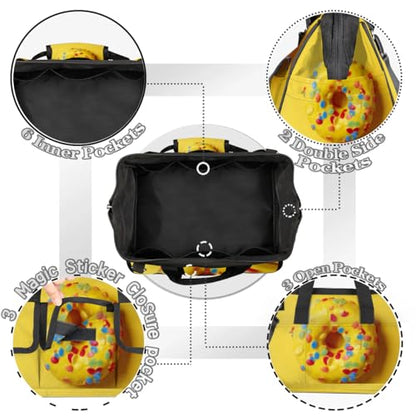 15 Inch Tool Bag 14-Pockets Tool Box Organizer for Men Donuts Yellow Tool Tote Bag Waterproof Toolbox with Shoulder Strap Heavy Duty Garden Tool Organizer for Mechanic