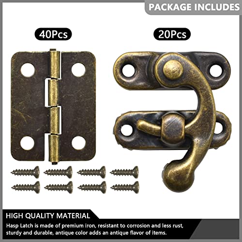 40Pcs Antique Bronze Box Hinges and 20 Sets Antique Right Latch Hook Hasp Wood Jewelry Box Hasp Catch with Matching Screws Kit for Decorative DIY Jewelry Cabinet Small Wooden Box
