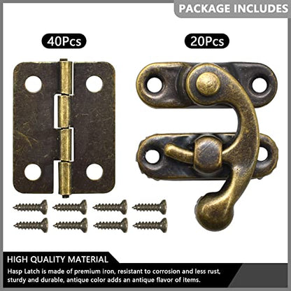 40Pcs Antique Bronze Box Hinges and 20 Sets Antique Right Latch Hook Hasp Wood Jewelry Box Hasp Catch with Matching Screws Kit for Decorative DIY Jewelry Cabinet Small Wooden Box