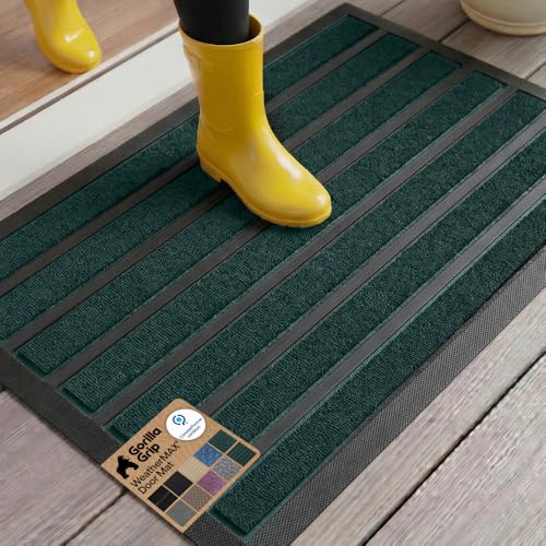 GORILLA GRIP 100% Waterproof All-Season WeatherMAX Doormat US Designed Natural Rubber, Stain and Fade Resistant, Low Profile Indoor Outdoor Door Mats, Easy Clean Patio Mat, 29x17, Green Stripe - color: Green Stripe, size: 29" x 17"