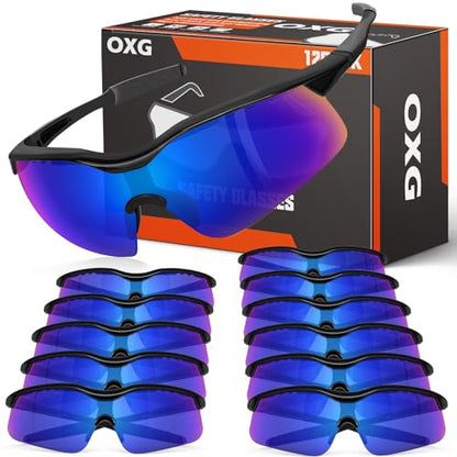 OXG 12 Pack Safety Glasses, ANSI Z87.1 Impact Resistant Anti-Scratch Safety Goggles for Men Women Youth - color: Blue Mirrored