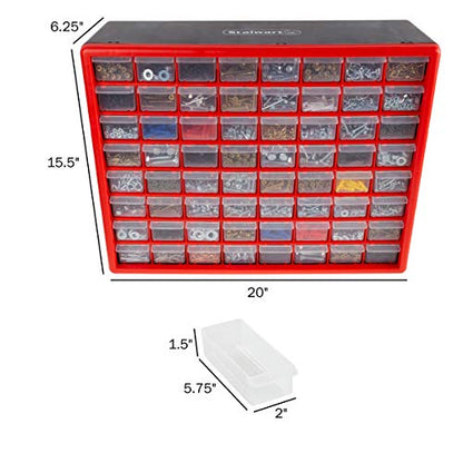 64-Drawer Storage Organizer - Plastic Drawers for Organization - Desktop or Wall-Mounted Container for Hardware, Tools, and Beads by Stalwart (Red) - style: 64 Drawers