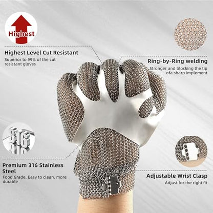 Schwer ProGuard-X A9 Cut Resistant Stainless Steel Metal Mesh Chainmail Glove PM5201 Butcher Glove for Meat Cutting Food Processing Knife Sharpening Oyster Shucking Kitchen Fish Fillet, M - size: Medium