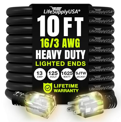 10ft Outdoor/Indoor Extension Cord 16/3 Gauge Heavy Duty 3 Prong SJTW, Waterproof, Flexible Cold-Resistant Long Power Cord,13A 125V 1625W, Black by LifeSupplyUSA - color: Black, size: 10 FT, style: 16AWG
