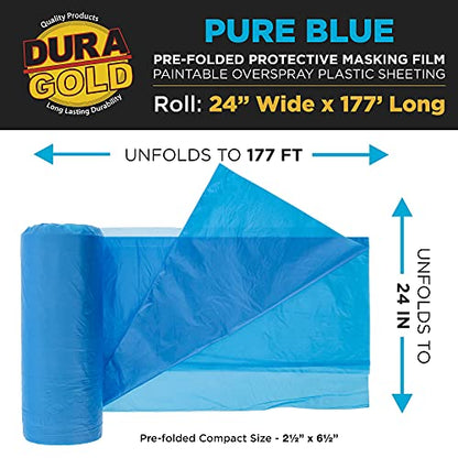 Dura-Gold 24" x 177' Pure Blue Pre-Folded Masking Film - Painters Plastic Roll (0.4 Mil) Pull Down Drop Sheet, Pre-Folded Plastic Sheeting for Painting Protection on Auto, Walls, Furniture - size: 24-inch