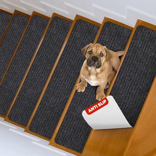 MBIGM 8" x 30" Non Slip Carpet Stair Treads Indoor (4 Pack), Non Skid Stair Rugs for Stairs, Slip Resistant Stair Runner for Kids, Seniors & Pets, Reusable Adhesive, Black - color: Black, size: 8" X 30" - 4 Pcs