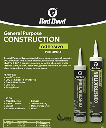 Red Devil 077606 General Purpose Construction Adhesive, 9 oz, 6-Pack, White - size: 6 - Pack, style: 9 oz.