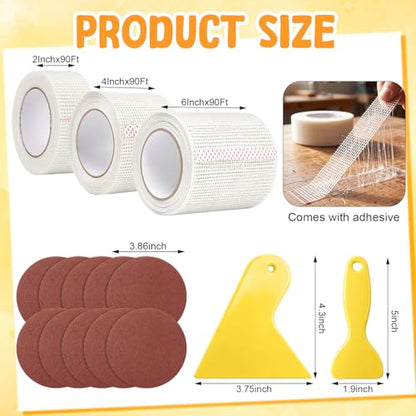 Wall Patch Kit Include 3 Rolls 270ft Fiberglass Drywall Repair Tape Kit 2/4/6 Inch Width Self Adhesive Mesh Tape with 2 Scrapers, 10 Sandpaper for Drywall, Plaster, Ceiling, Seam, Hole Repair