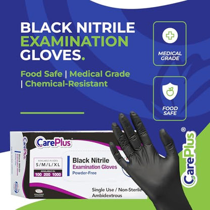 CARE PLUS Nitrile Gloves for Medical Use - Powder & Latex-Free - Black/Blue - S, M, L, XL - 100, 200, 1000 - color: Black, size: Medium