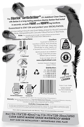Slipstick GorillaOutdoor Berber Furniture Feet Pads with Clear Sleeve Sock (4 Pack) Outdoor Furniture Sliders for Round & Square Legs, Large - size: Universal Large