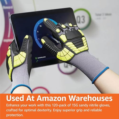 Amazon Basics Cut Level A1, Abrasion ANSI Level A4, Impact Resistant Safety Work Gloves, Touch Screen Friendly, Sandy Nitrile Coated Palm, Yellow, Size X-Large, 120-Pack - size: X-Large
