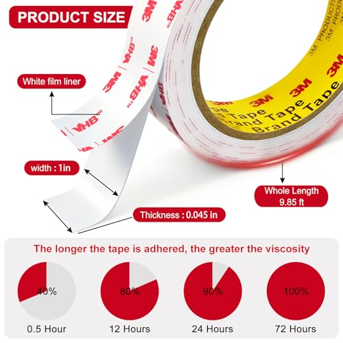 3M Double Sided Tape Heavy Duty 1in X 9.85ft, Heavy Duty Removable Mounting Tape for Wall, White Sticky Foam Tape, Picture Hanging Strips & Poster Hanger, Waterproof Adhesive Strips, Carpet Tape - size: 1in X 9.85ft