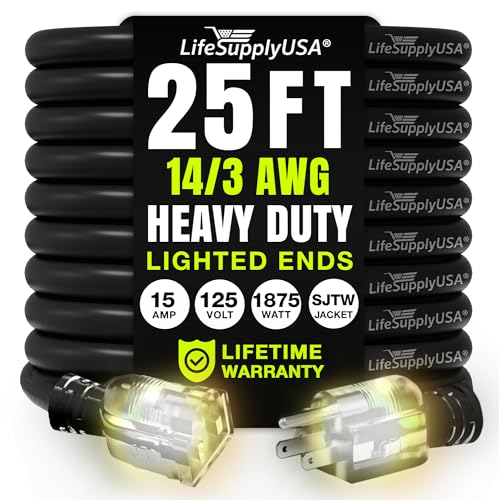 25ft Outdoor/Indoor Extension Cord 14/3 Gauge Heavy Duty 3 Prong SJTW, Waterproof, Flexible Cold-Resistant Long Power Cord,15A 125V 1875W, Black by LifeSupplyUSA - color: Black, size: 25 FT, style: 14AWG