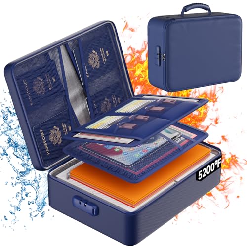 DocSafe 5200°F Document Organizer with Lock,Upgraded Heat Insulated Fireproof＆Waterproof Box 8 Layers File Organizer,Portable Home Travel Safe Storage for Important Documents, Files,Blue (Soft) - color: Blue, size: 15"x11"x4.1"