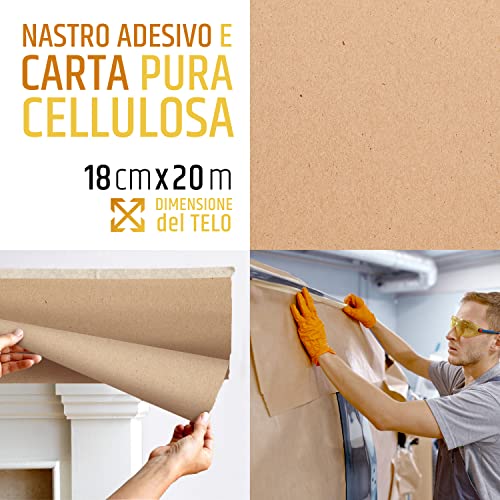 2000 | Paper Roll with Adhesive Tape, Masking Set, Protection Walls, Walls, Skirting Boards, Furniture, Dimensions 18 cm x 20 m - Made in Italy